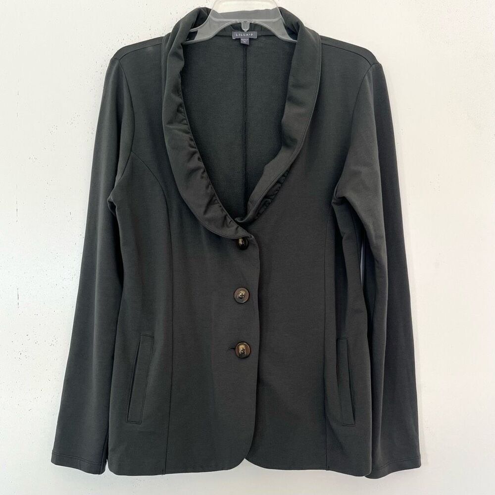 Lilla P Jacket XL Ruffled Shawl Collar Olive Green Long Sleeves Stretch Blazer